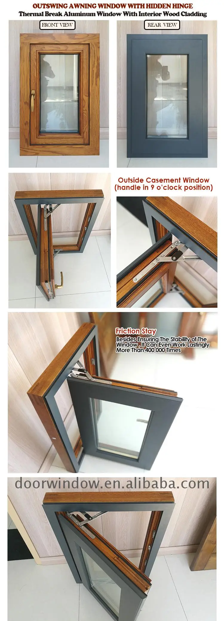 Wood grain finish aluminum window awning casement