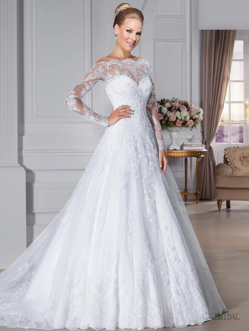 Vestido De Noiva Wedding dress Custom Made Scoop See Through Back Zipper Button Beaded Appliqued Long