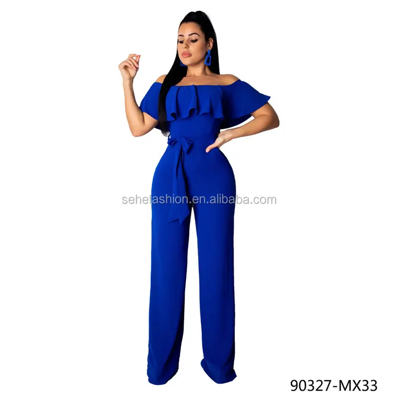 90327-MX33 Off The Shoulder Ruffles Jumpsuits Women With Long Pants