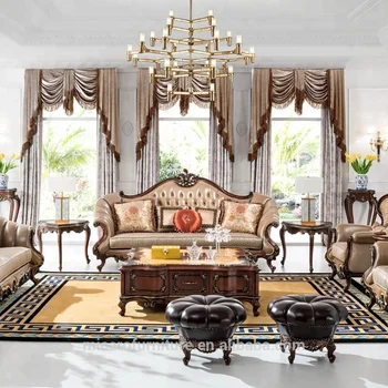 New French Antique Style Beech Solid Wood Hand Carved And Leather Sofa Set Designs For Living Room Sets Wooden