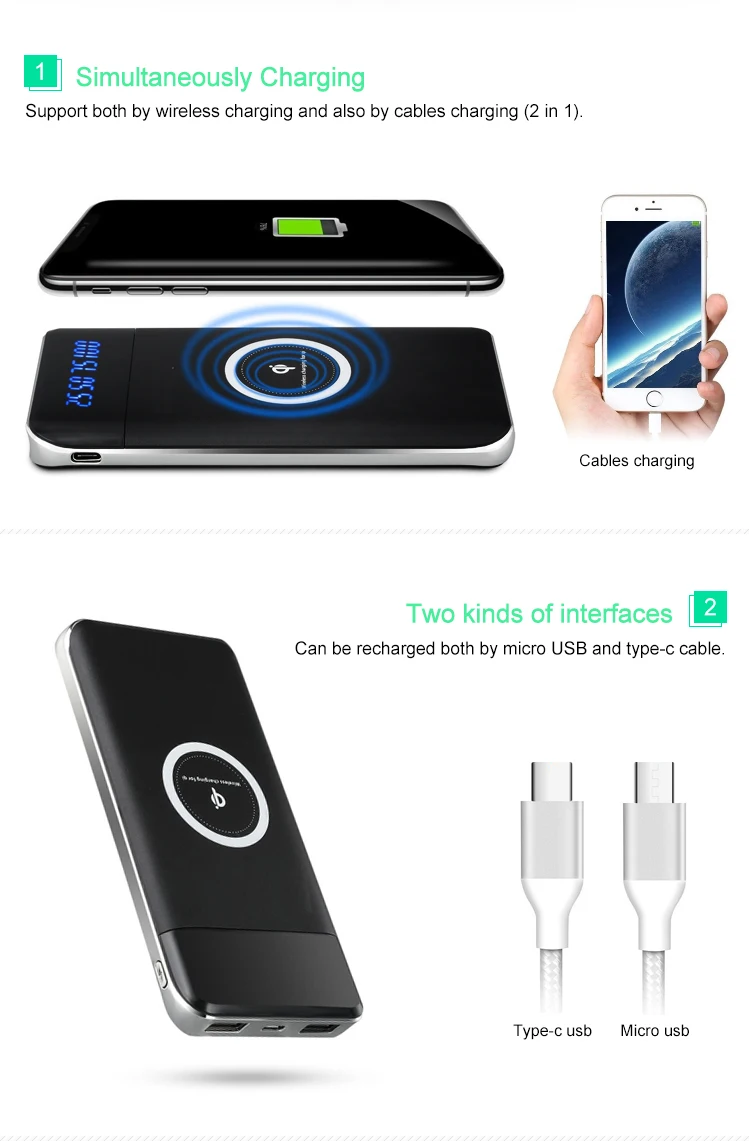 logo custom portable Qi standard mobile phone wireless charger slim power bank 10000mah with lcd display - ANKUX.COM