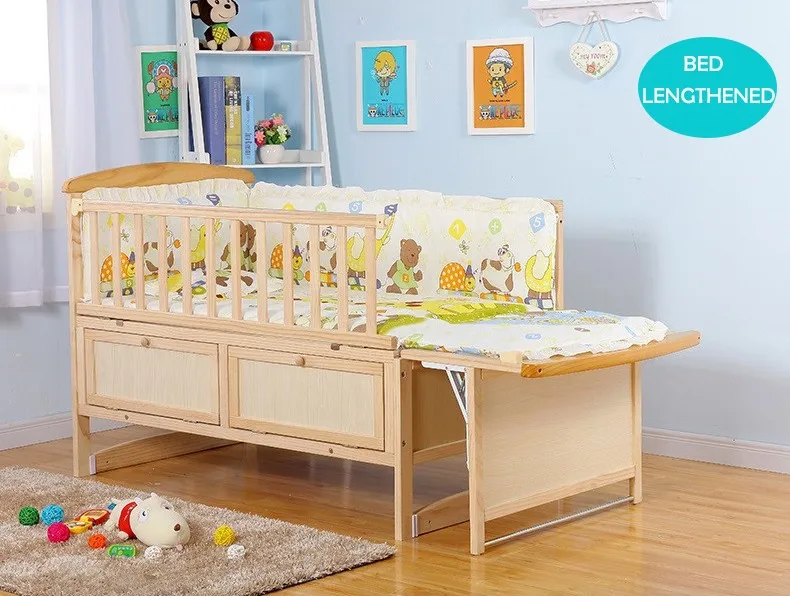 Pine Solid Wood Baby Furniture Two Gears Adjusted Wooden Baby Cot With