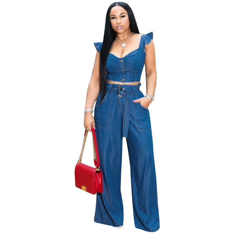 blue jean two piece outfit