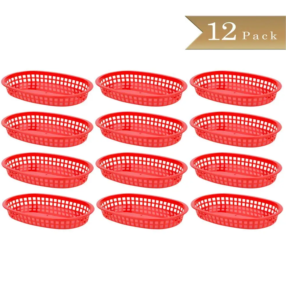 Pack of 12 - TrueCraftware Red Plastic Oval Fast Food Baskets - 10 1/2" X 7" (270 x 175mm)