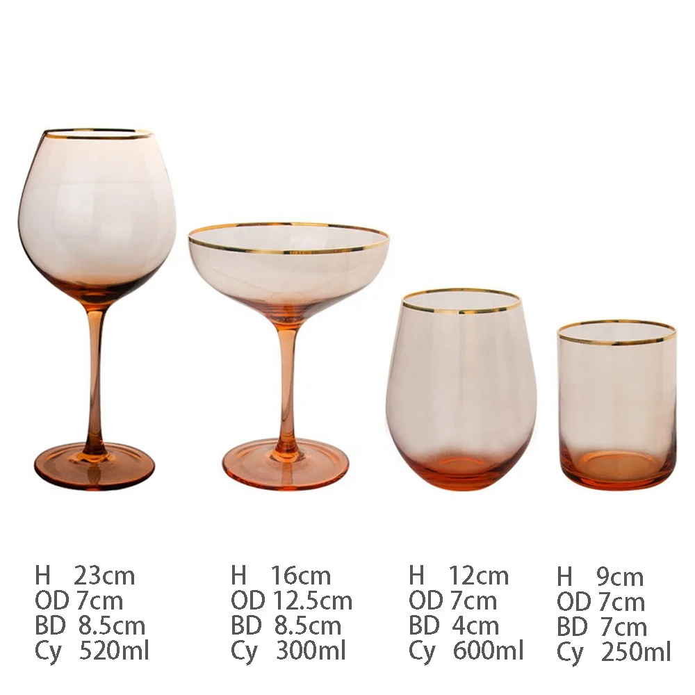 Fairy Tale Hand Blown Tumbler Gold Rim Stemless Wine Glass Pink