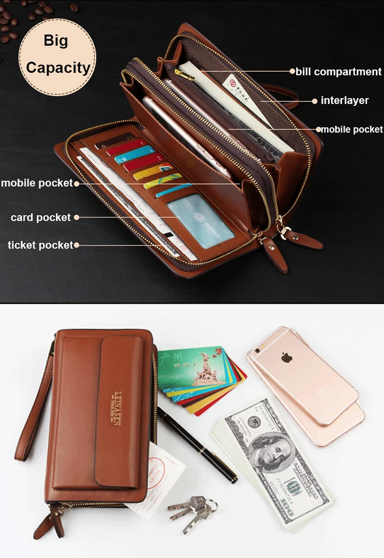 Fashionable leather men's handbag Handheld foreskin Business fashion casual  hand zippered men's purse Hand grab envelope wallet
