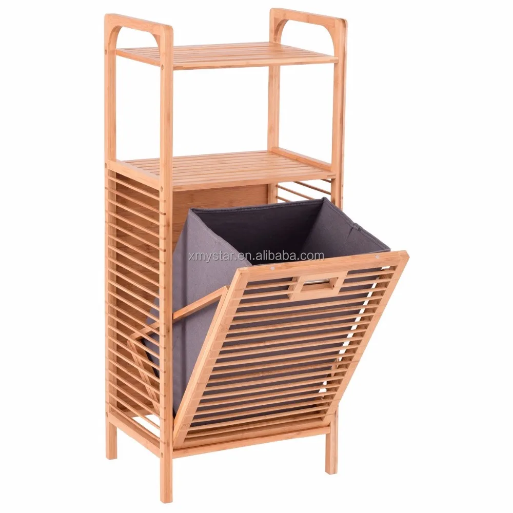 
Tilt-Out Bamboo Laundry Hamper Slat Frame Space Saving Storage with Shelf & Removable Liner, Perfect for Bathrooms factory BSCI 