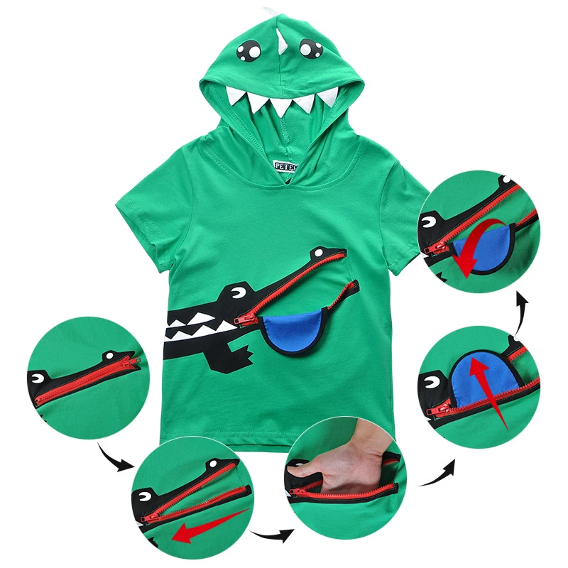 Funny Zipper Mouth Tongue Hoodies Crocodile Children T Shirt Boy T