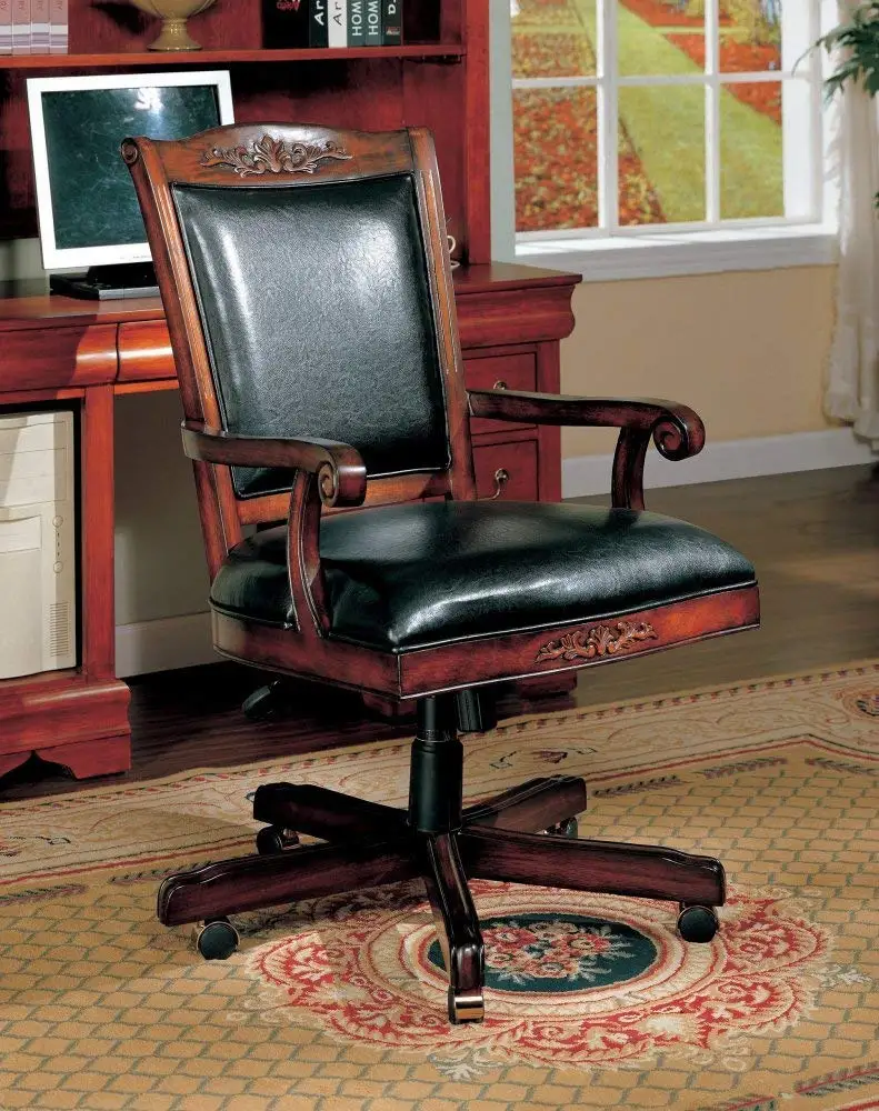Coaster Traditional Style Office Chair, Black Leather and Cherry Finish Wood