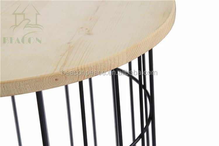 Wooden Top Metal Iron Wire Frame Storage Side Table