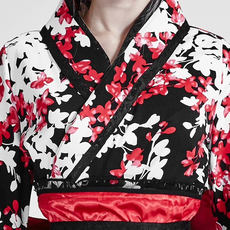LQ-001 Lolita Cherry Blossom Printing Beautifully Modest Sexy Short Kimono Dresses With Big Ribbon Belt