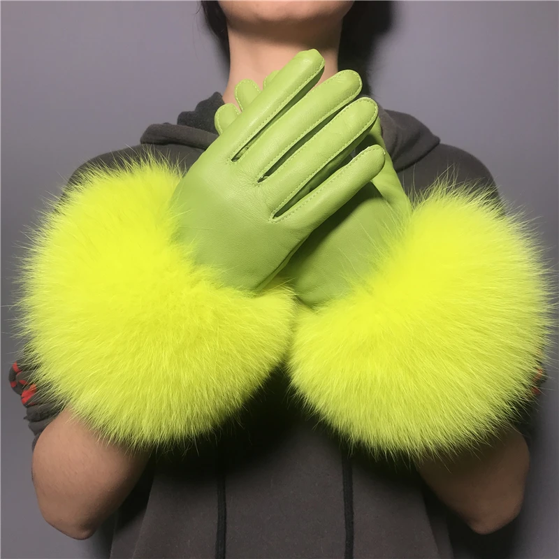 Big Real Fox Fur Cuffs Women Wholesale Genuine Sheepskin Motorcycle Leather Gloves Windproof 6791