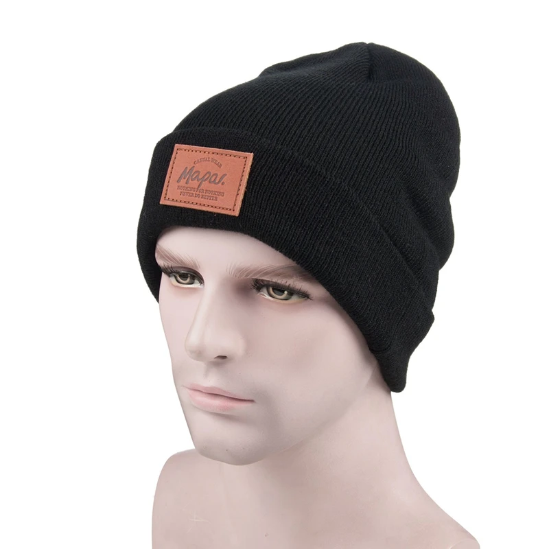 Custom Embroidery Leather Patch Knit New Beanie,100 Acrylic Black