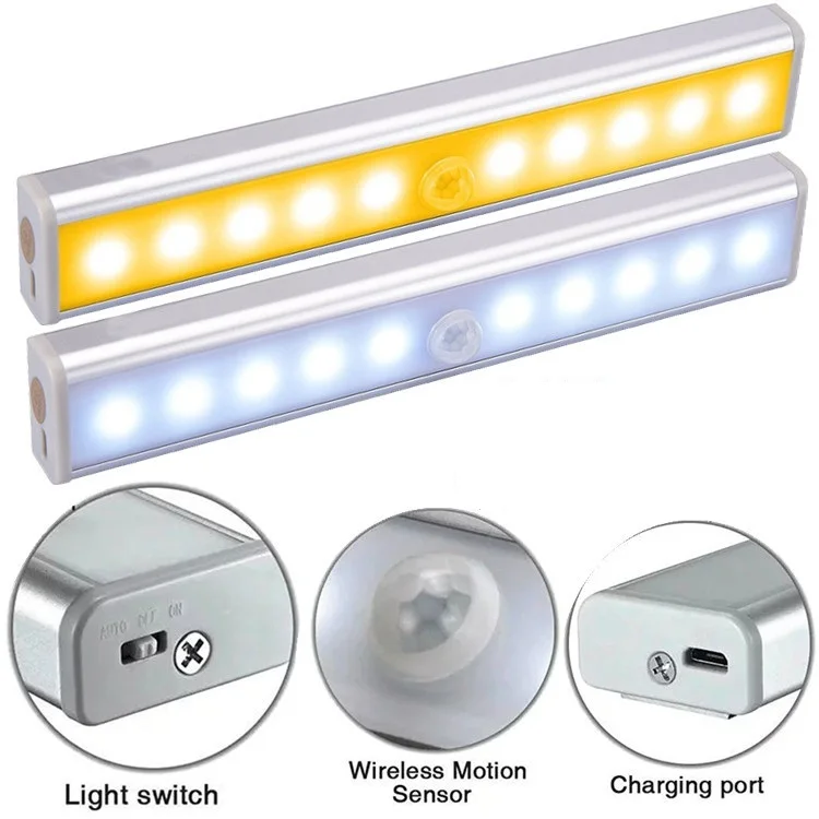 Motion Sensor Light Cabinet Lights,USB Rechargeable 10 LED Cabinet Lighting, Magnetic Removable Stick-On Anywhere