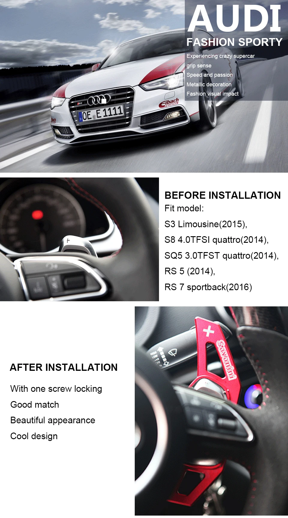 palette de changement de volant de voiture pour Audi A5 S3 S5 S6 SQ5 RS3 RS6 RS7 Noir Palette de changement de volant