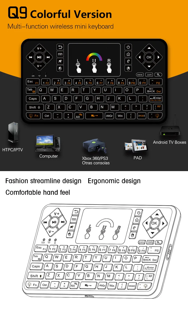 Custom Wireless Keyboard Q9 Colorful Backlit Touchpad Wireless Keyboard