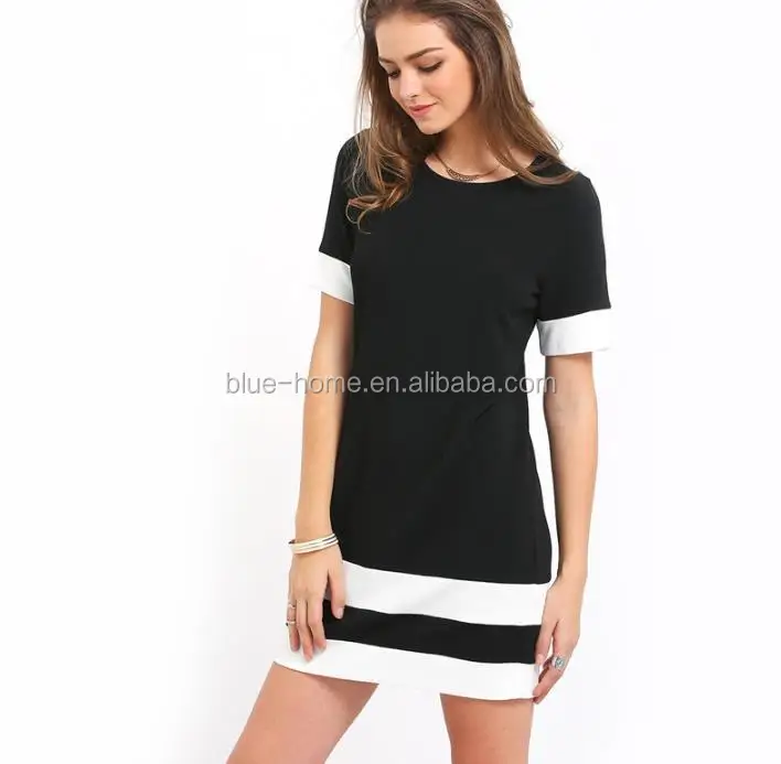 black short sleeve round neck patchwork dress