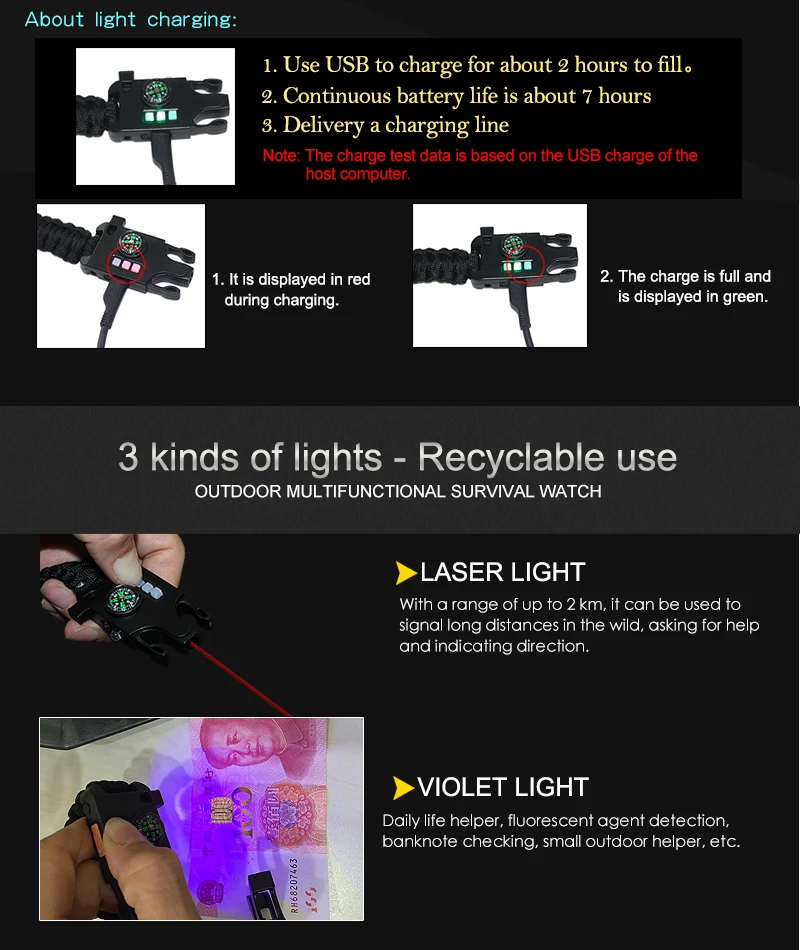 Hot Sale Multifunctional Adjustable Paracord Survival Watch,Metal