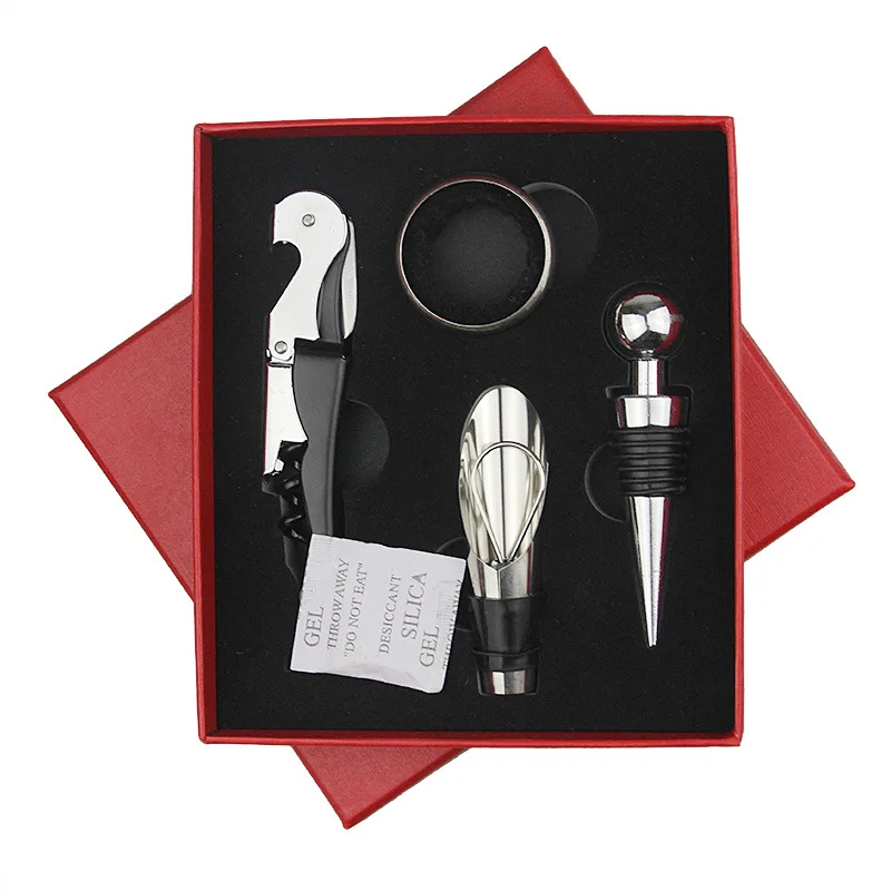 Wine Opener Set With Wine Stoppers,Drip Ring,Foil Cutter And Corkscrew 4piece Gift Set In