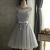 ZH1459G 2018 New Arrival Gray Lace Appliques Crew Neck Short Bridesmaid Dresses Lace-up Back Knee Length Party Gown