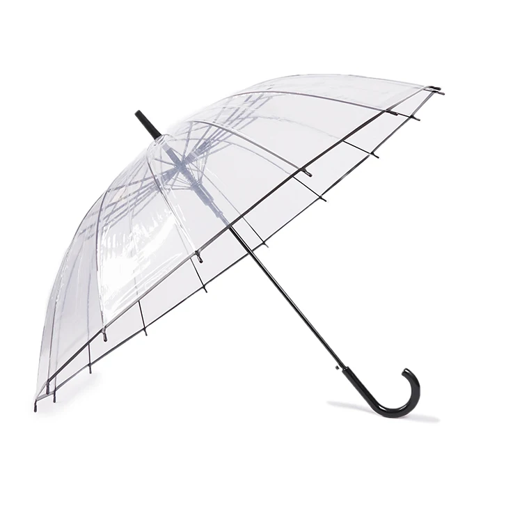wholesale promotional custom metal shaft J handle 23'inch 16k automatic open pvc clear transparent umbrella