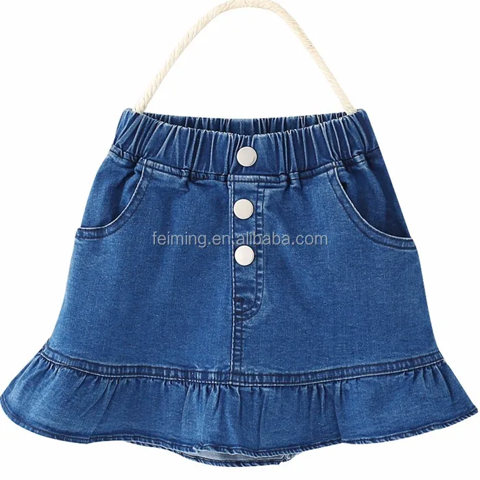 Js190g Little Girls Modeling Ruffle Blue Denim Jean Skirt Summer