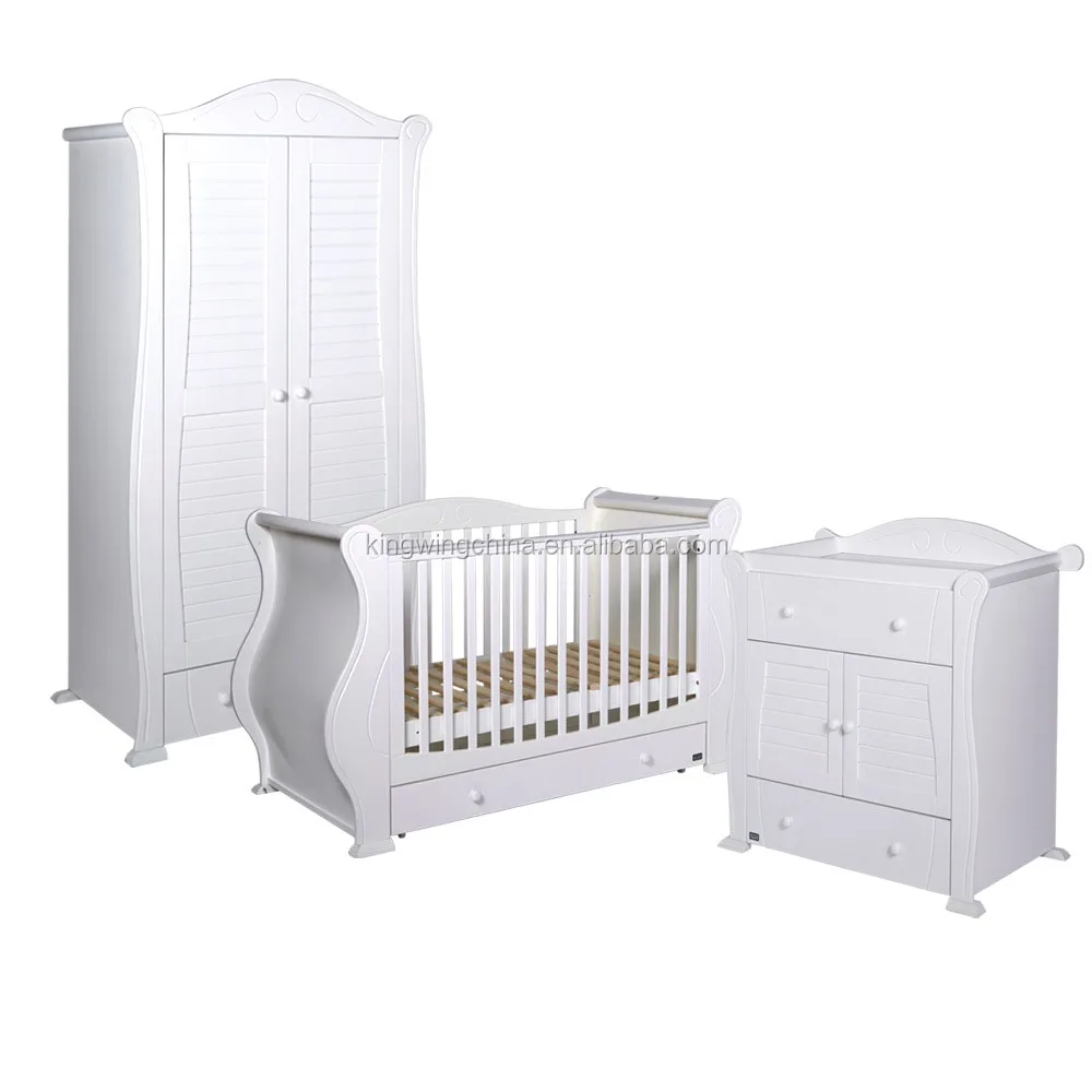3 Piece Kids White Bedroom Furniture Set Baby Cot Chest Of