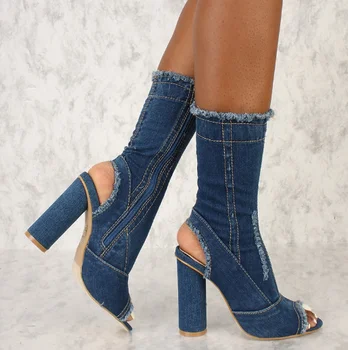 Sexy Dark Blue Jean Shoes Denim Distressed Peep Toe Chunky Heel Booties ...