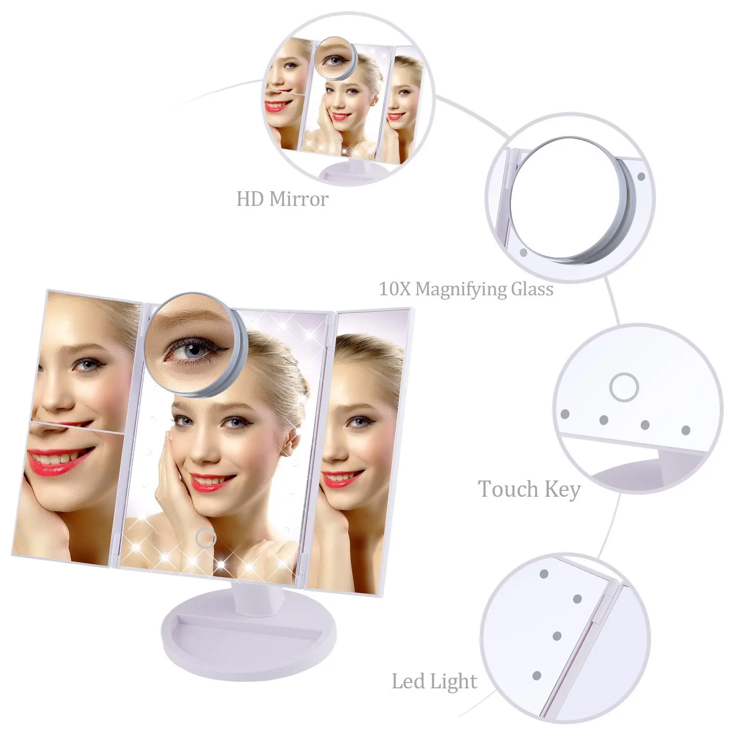 New trends three sides foldable LED lights desktop vanity makeup mirror with magnifier