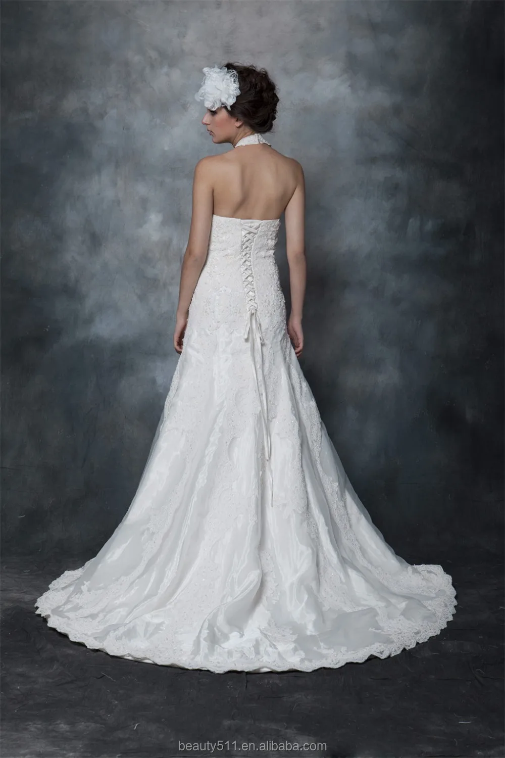 鞘笼头颈部花边塔夫绸婚纱 as29602