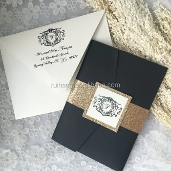 Charming Navy Glitter Paper Wedding Invitations With Golden