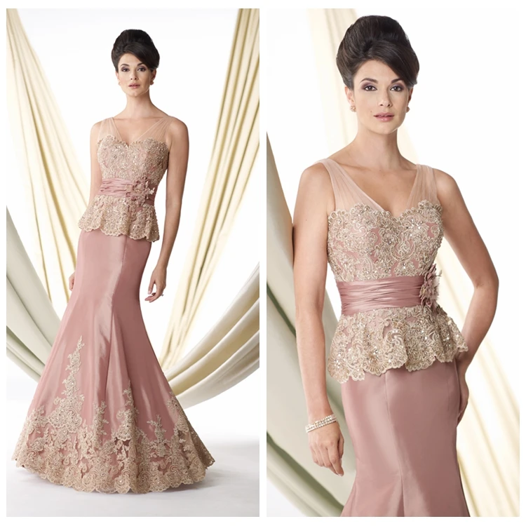 Model baru pink prom satin beaded lace ibu dari  gaun  