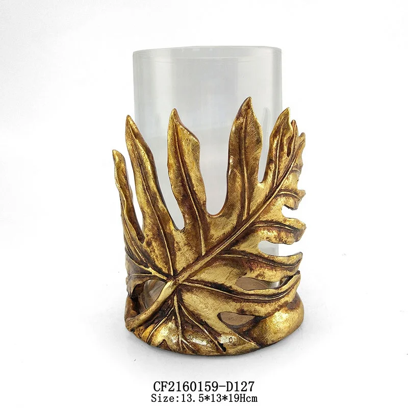 Glass Candle Holder Gold Maple Leaf Shaped Resin Base Home Decor factory