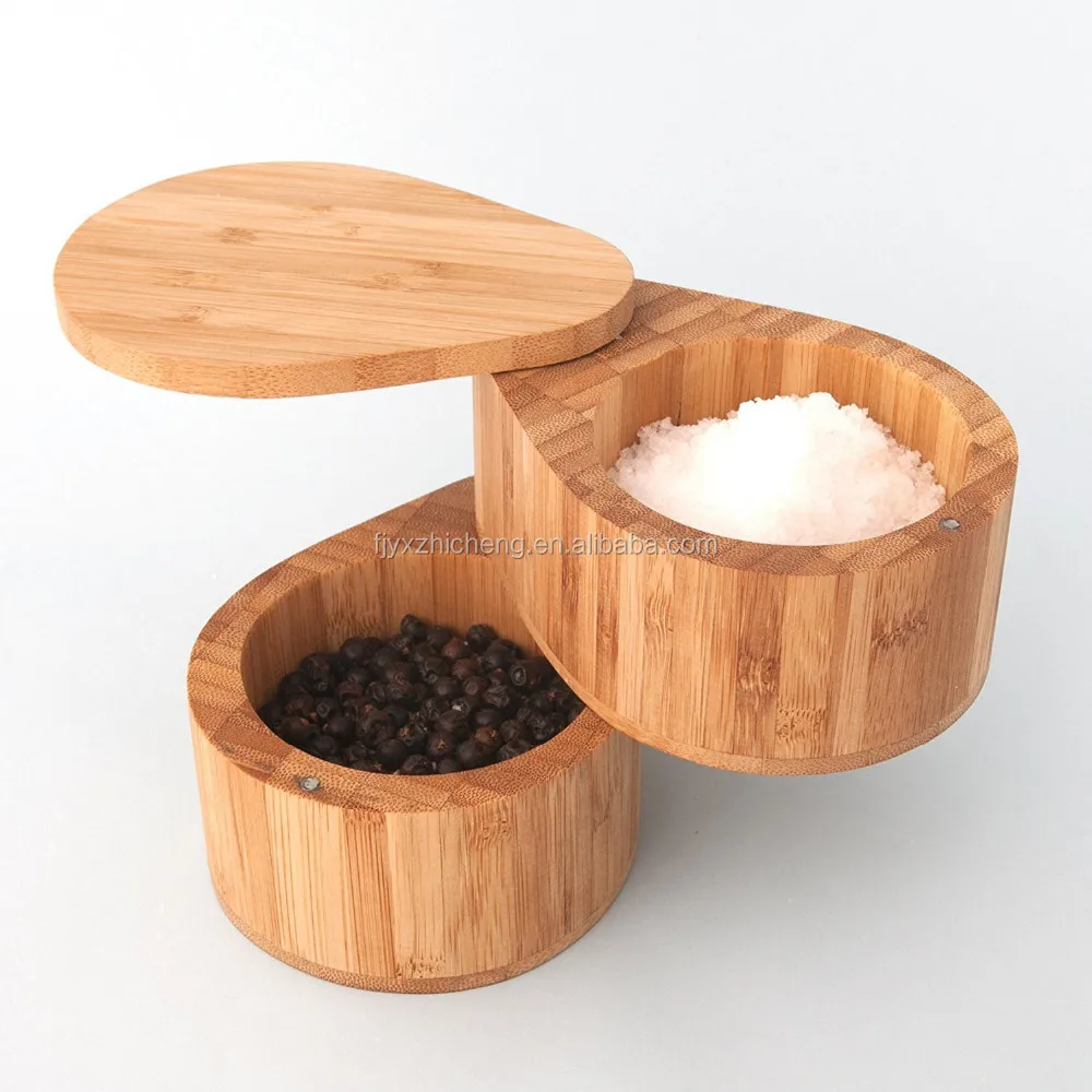 Natural Bamboo Round Storage Salt And Pepper Box With Lids 2 Tiered Pots For Salt Or