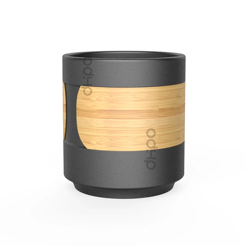 Dhpo Matte Black Handleless Stackable Ceramic Coffee Mug With Bamboo