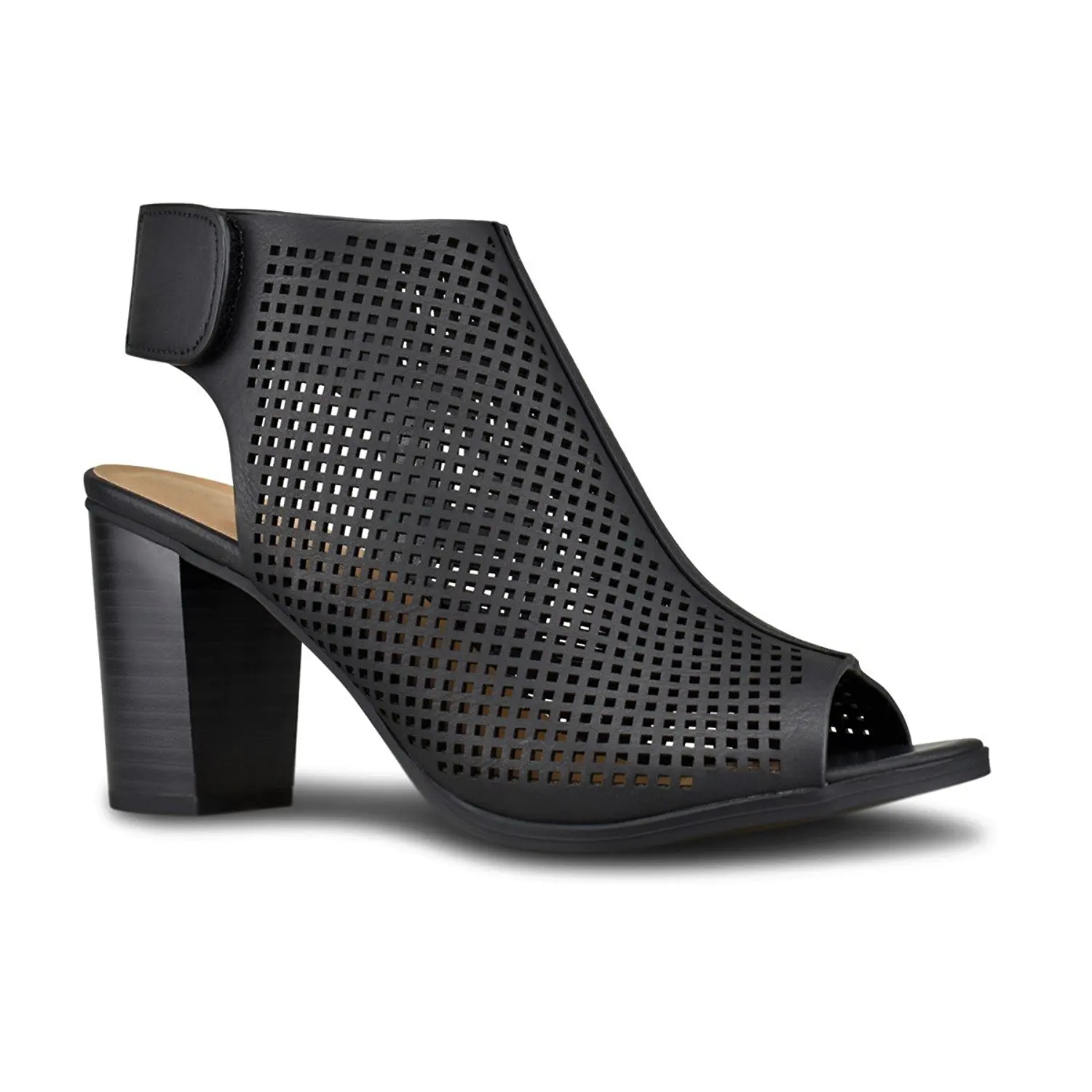 Premier Standard - Women's Cut Out Strap Bootie - Slip On Low Stacked Heel - Open Peep Toe Cutout Shoe