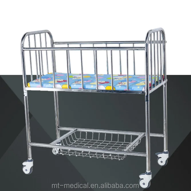 Hospital stainless steel Steel Coating Baby Cart Infant Bed Baby Cot Baby Trolley With Wheels
