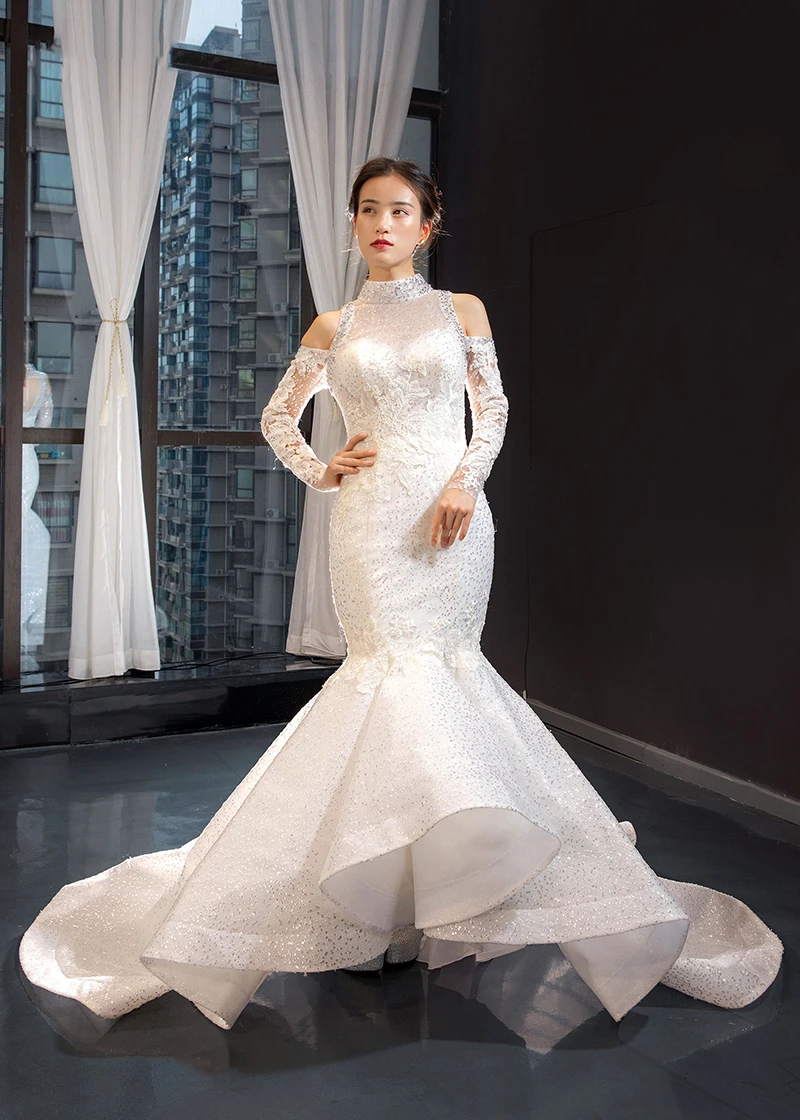 jancember rsm66897女露肩蕾丝新娘美人鱼长袖亮片简约婚纱