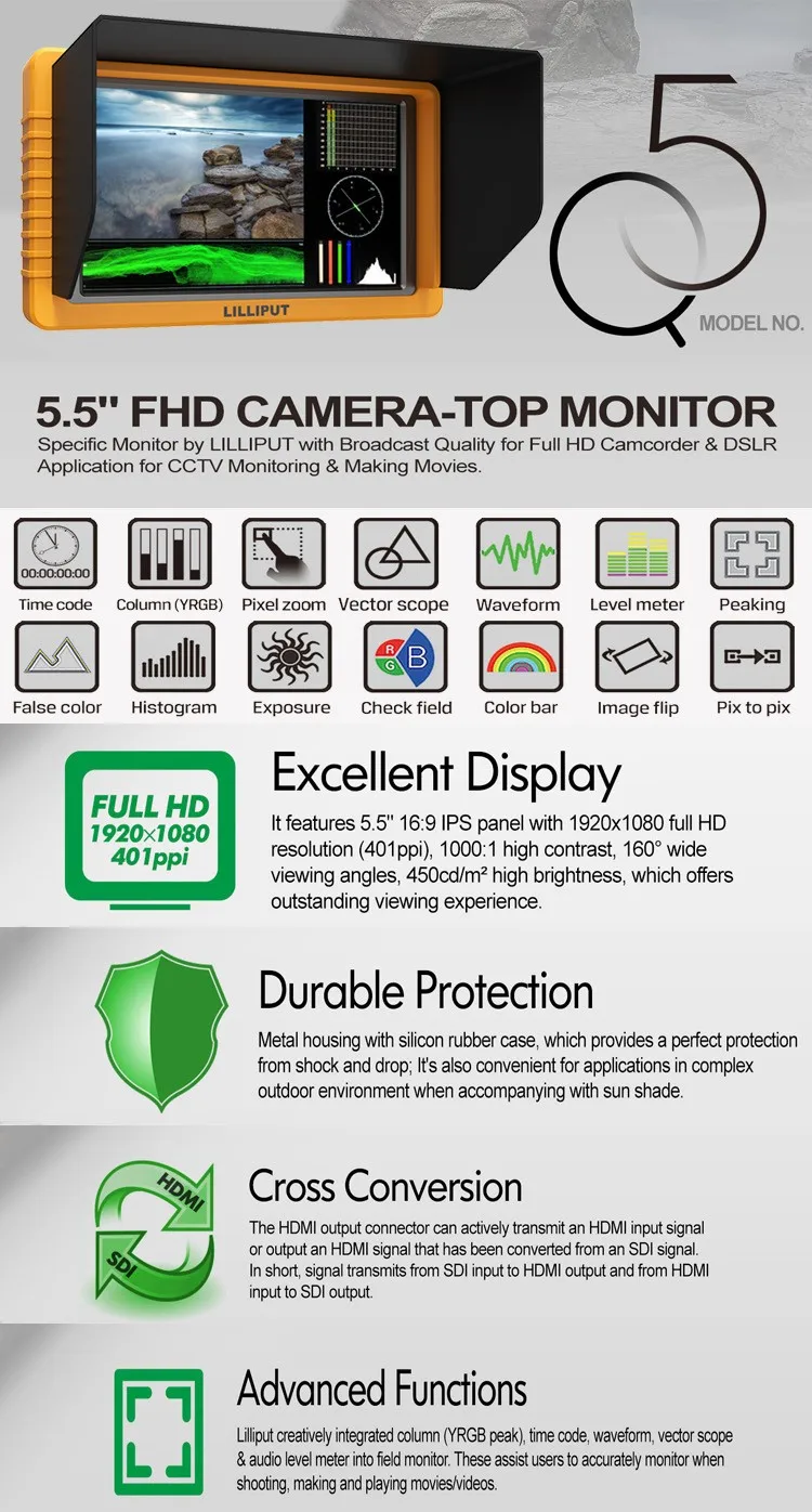 LILLIPUT Q5 5.5 FHD 1920x1080 Full HD Resolution SDI and HDMI Cross Conversion Monitor