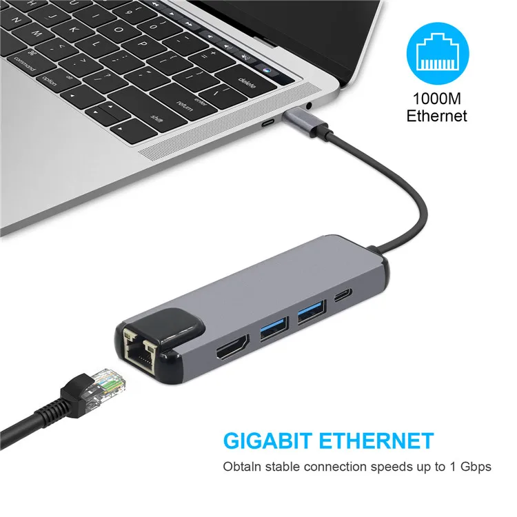 TC105H 5 in 1 usb c hub with 4K HD + Dual USB +Ethernet Rj45 +PD for Notebook Pro Thunderbolt 3 USB-C Charger