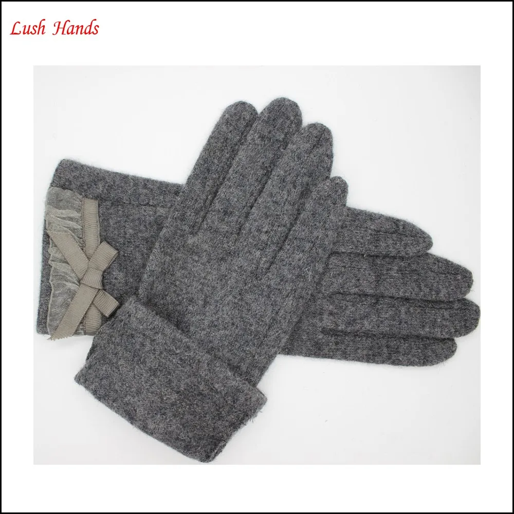 2016 women's grey woolen gloves with lace bow for wholesale