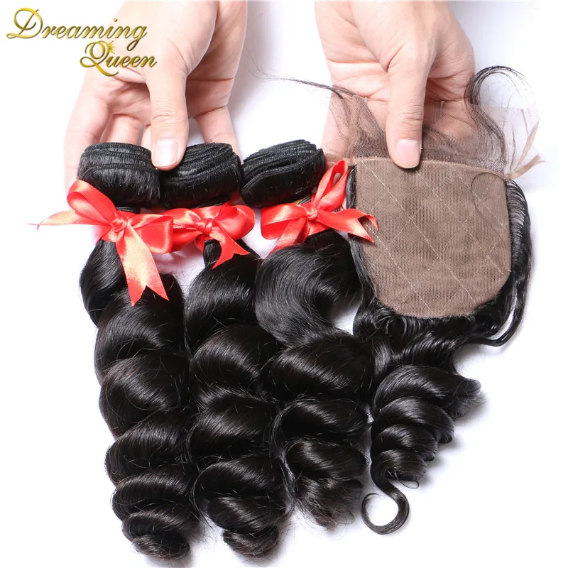 Silk Base Closure With Bundles 7A Peruvian Virgin Hair With Closure 4 Pcs Peruvian Loose Wave