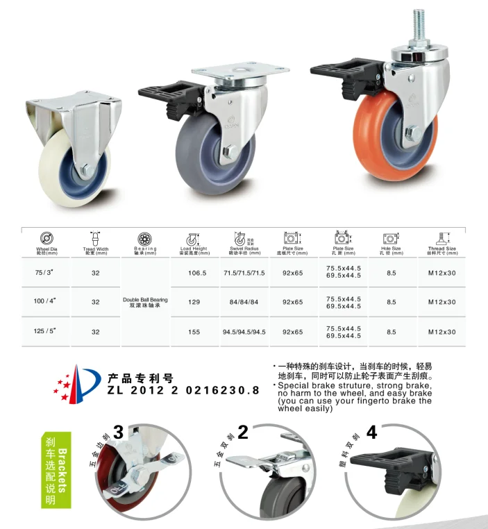3 inch industrial double ball bearing PP wheel casters with top plate