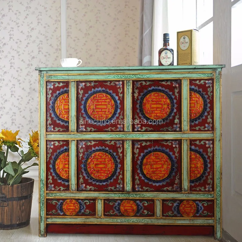 Antique Oriental Furniture Tibetan Antique Hand Painted Cabinet