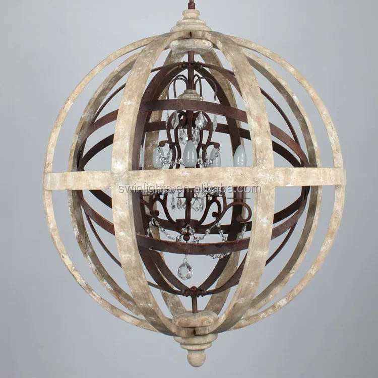 Ce Certification Large Orb Chandelier Wood Rustic Iron Cyrstal Pendant Light Newest Wooden