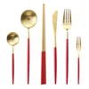 Portuguese red and gold stainless steel western dessert steak knife fork spoon chopsticks set of 6 pieces