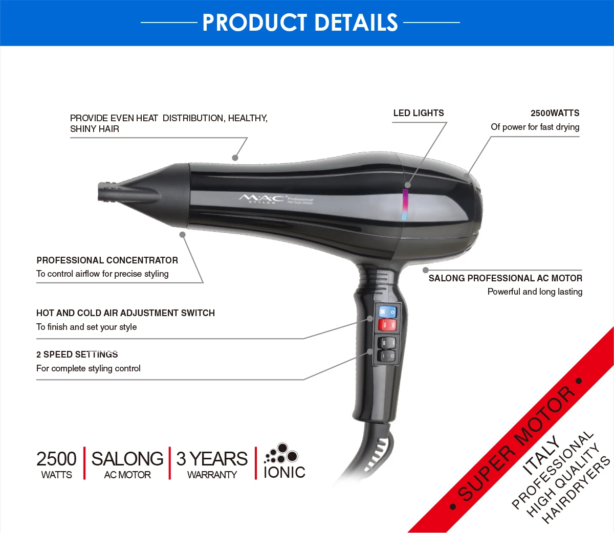 2500W Low Radiation LED light blow dryer,High Speed Travel hotel Ionic hair blow dryer,High power professional salon hair dryer