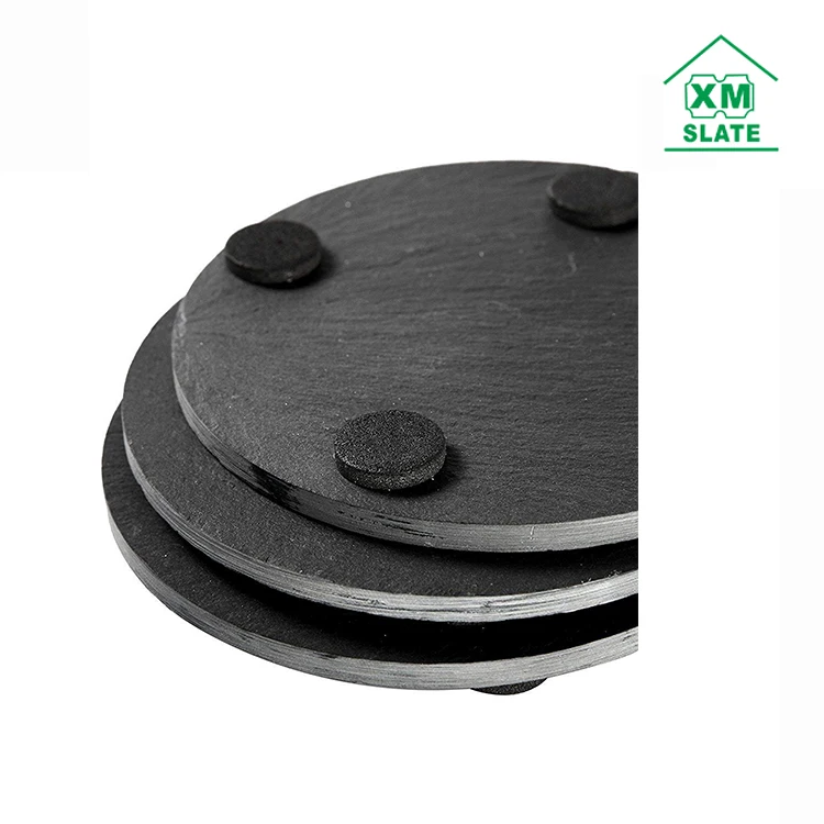 [factory direct] Dia 10cm set of 4 Cut Round black with iron wire holder slate marble stone coaster sets