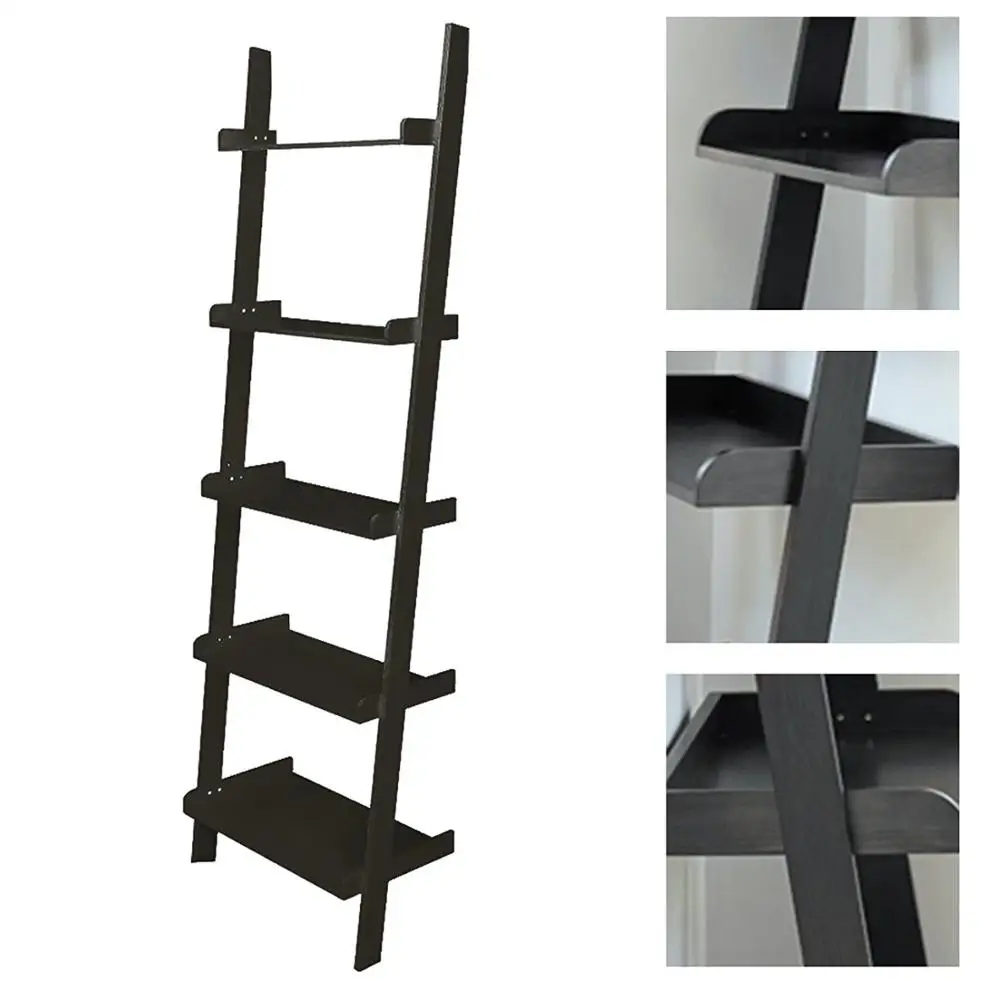 Black Ladder Shelving Unit 5 Tier Display Stand Bookcase Shelf Wall