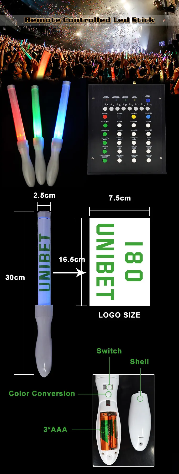 15 Different Colors 8 Zone Control Led Flashing Light Stick,Wireless
